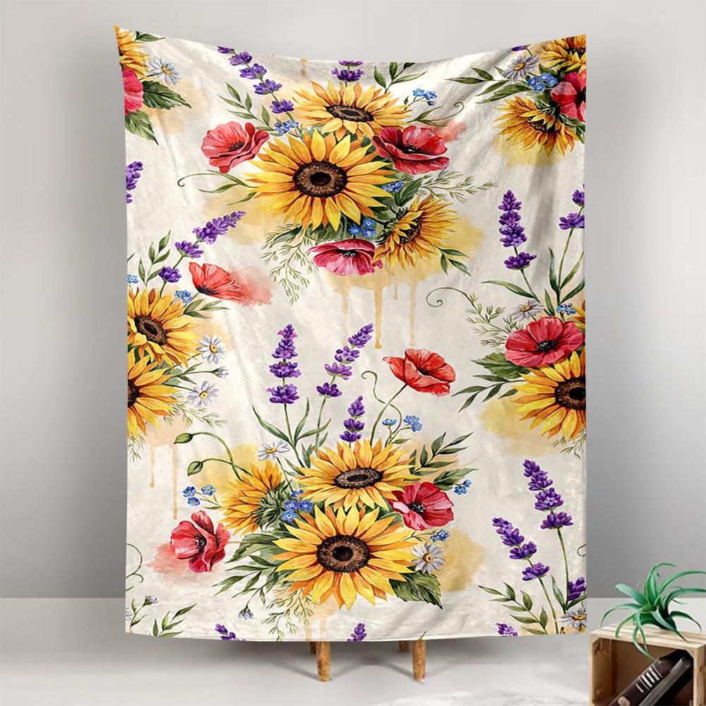 Sunflower and Poppy Floral Design Patterned Tapestry for Bedroom and Living Room Home Decor