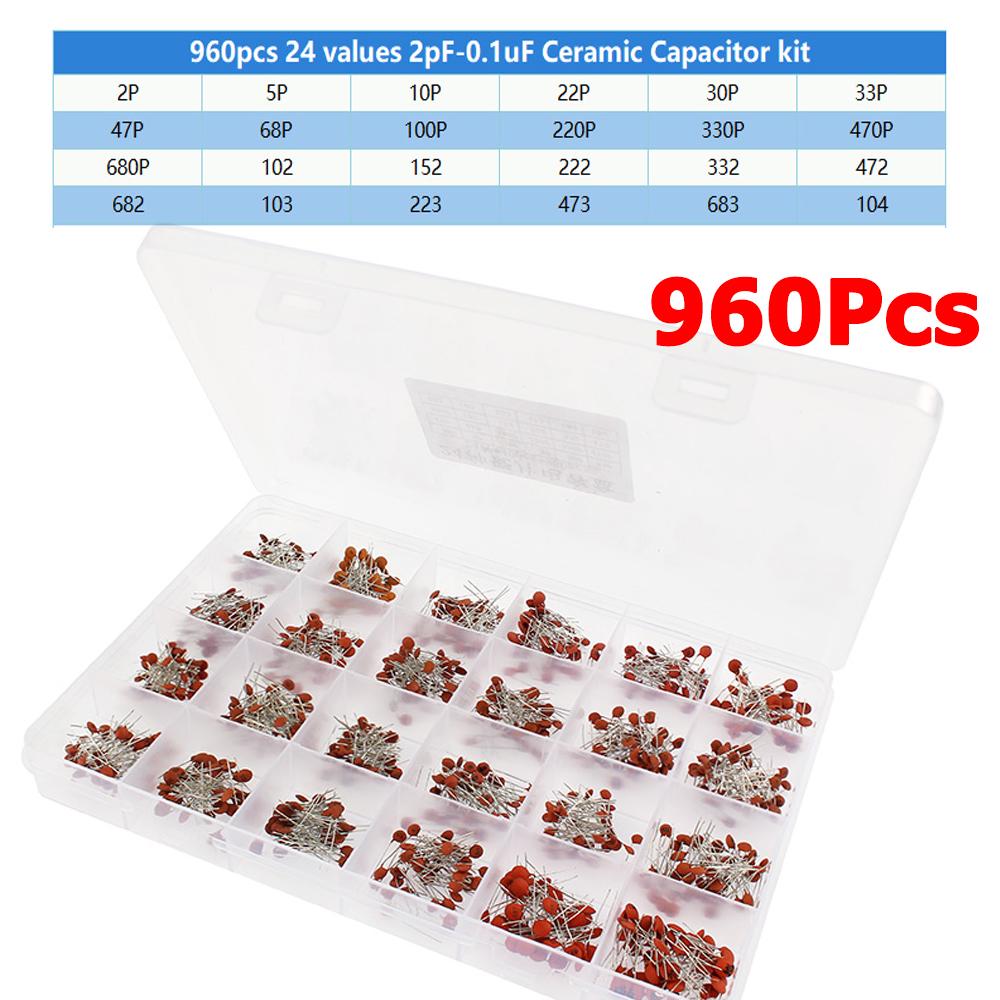 

960PCS 24values Ceramic Capacitor Assortment Kit Capacitance 2PF-0.1UF 50V DIY Electronic Ceramic Capacitors Set , with Box 960pcs-with box