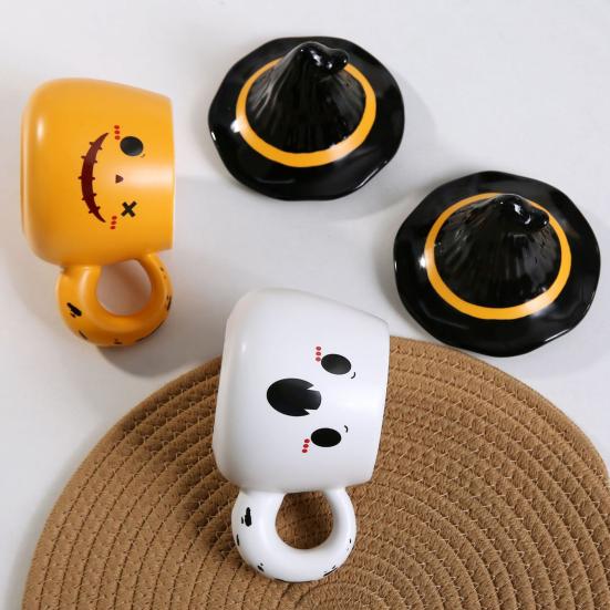 Ghost Pattern Ceramic Cup with Elf Hat Lid Halloween Theme Handmade Artwork Mug Daily Use Halloween Drinkware