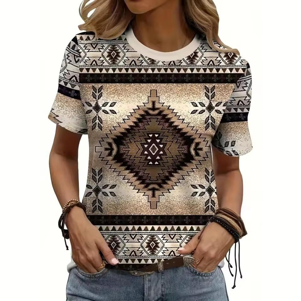 Sommer Rundhals 3D Retro Ethnischer Stil Druck Top Modische Lässige Kurzarm Damen T-Shirts