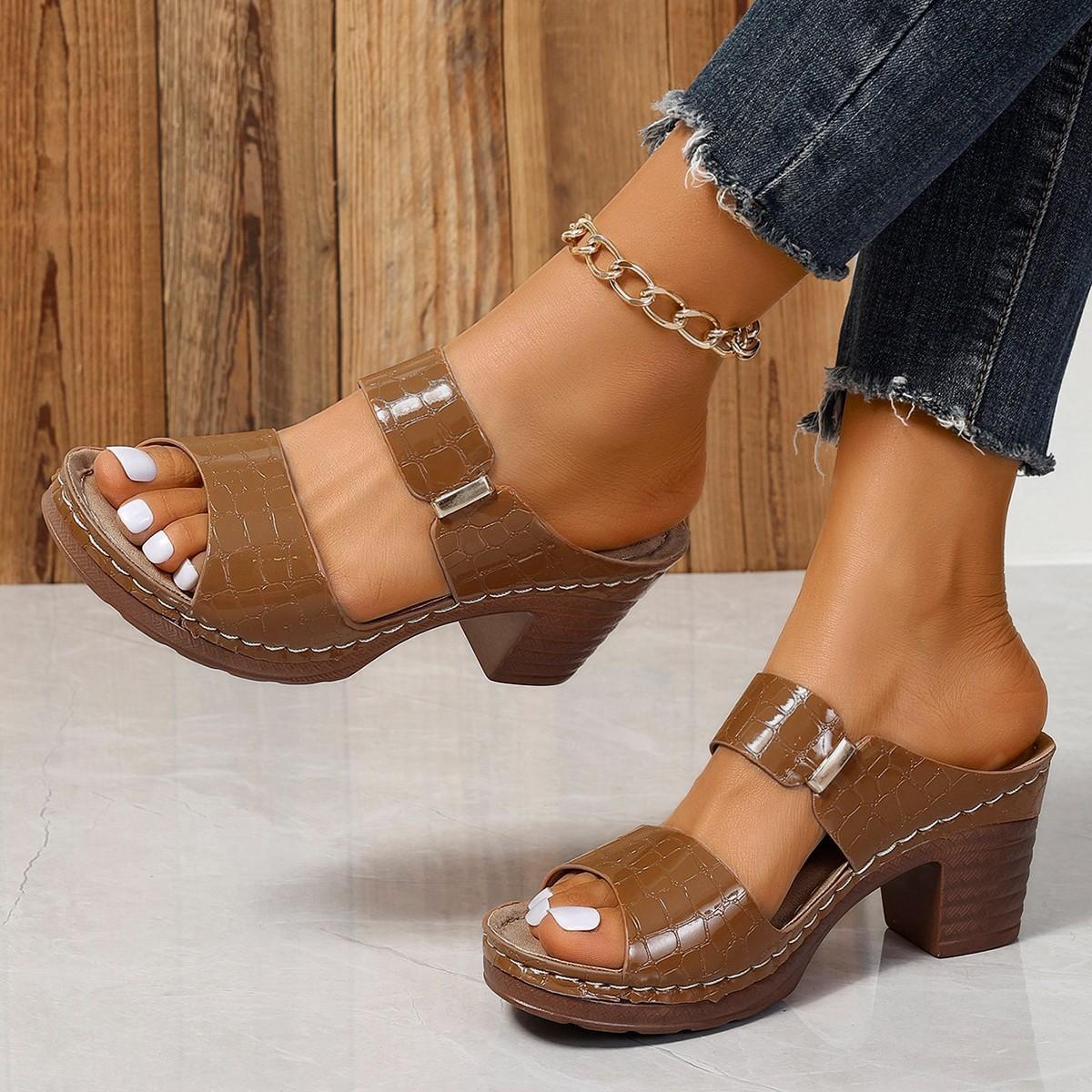 

Большие тапочки с покатым каблуком и рыбьим ртом, с каменным узором, квадратные спереди и сзади, широкополосные сзади и сзади, воздушная одежда, классные тапочки 43 коричневый