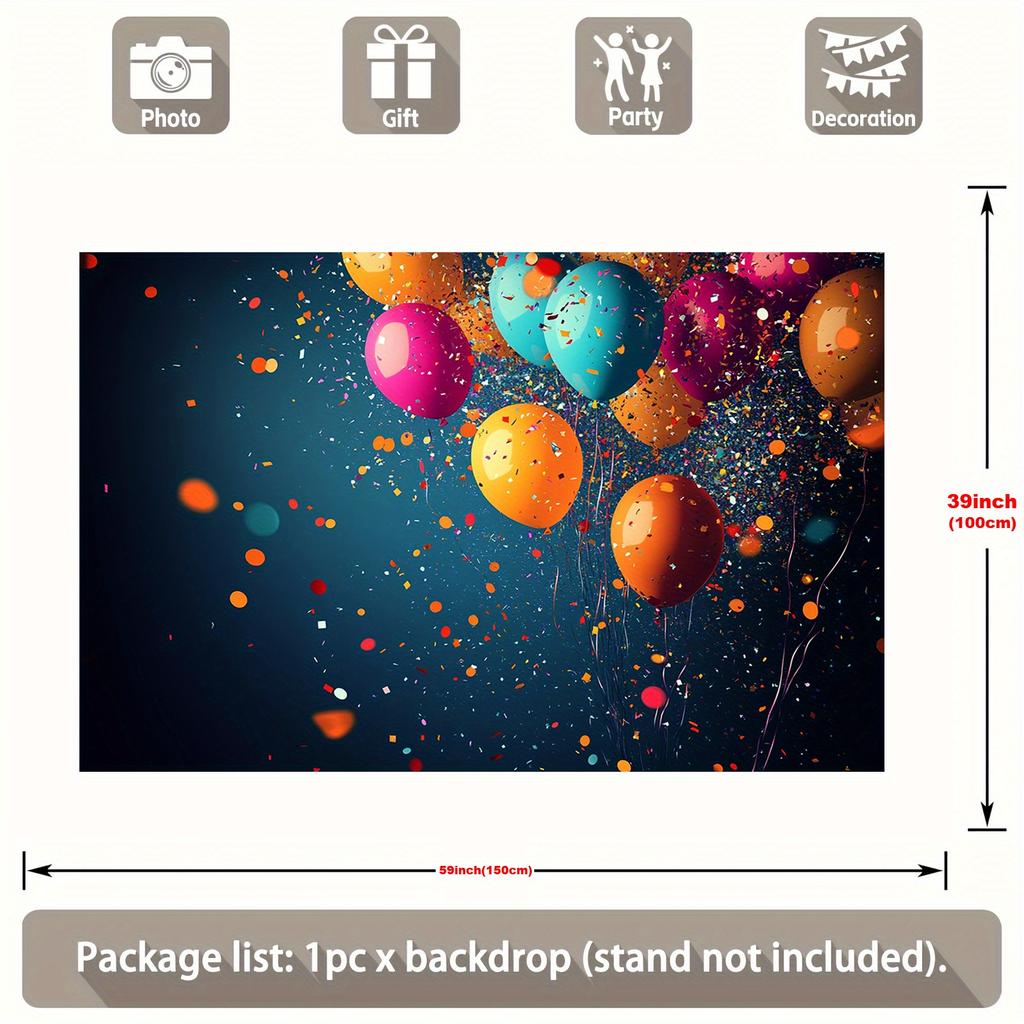 A 2D flat banner background for home decoration, featuring colorful balloons and confetti.