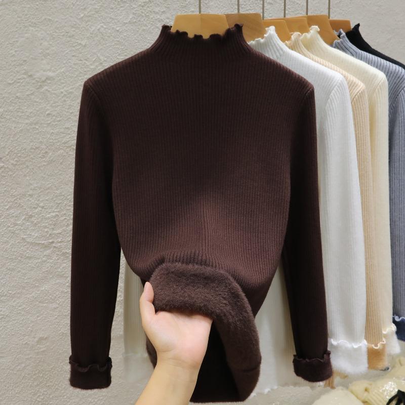 Half High Collar Warm Fleece Pullover Sweaters for Women Autumn and Winter Thick Knitted Sweater Solid Base Long Sleeve Casual Ladies Knitwears 24951