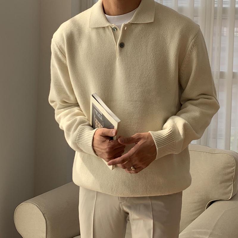 Men's Loose Knit Polo Sweater - Casual Korean Style, Solid Color, Hong Kong-inspired Pullover