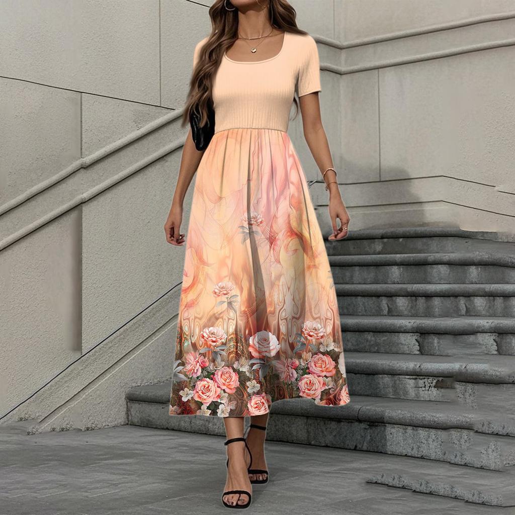 Women's Fashion Casual Short Sleeve Round Neck Splicing Floral Print Elegant Temperament Dress