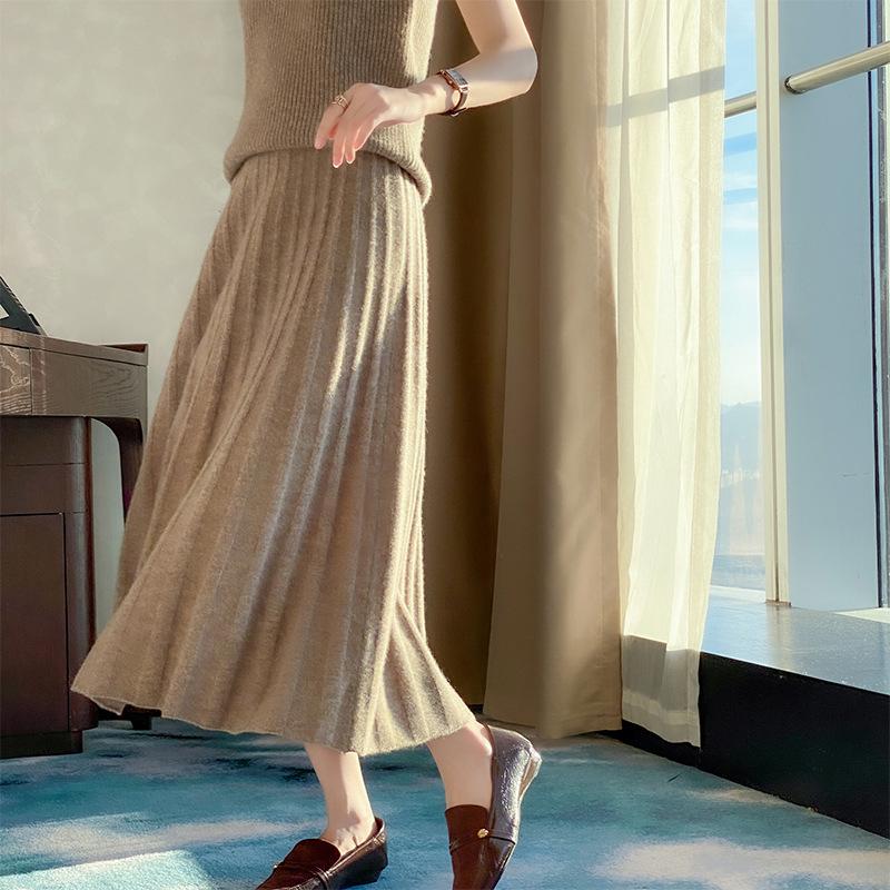 Hepburn Style High-Waisted Cashmere Pleated A-Line Skirt Large