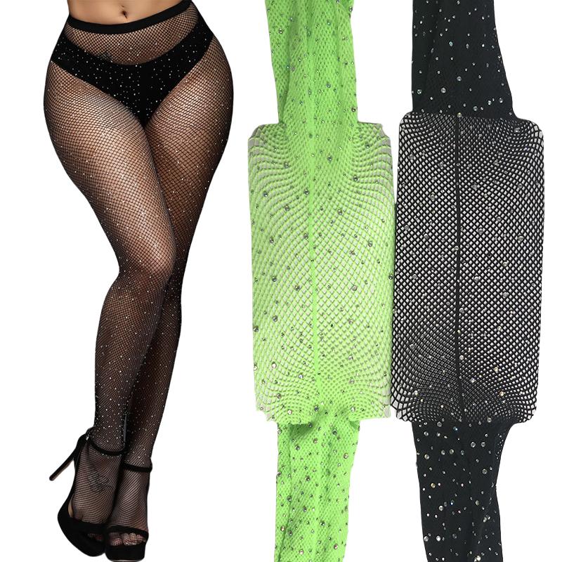 Yiran Sexy Lingerie Women's Silver Rhinestone Decor Colored Fishnet Tights With Back Seam Net Stockings 170Cm