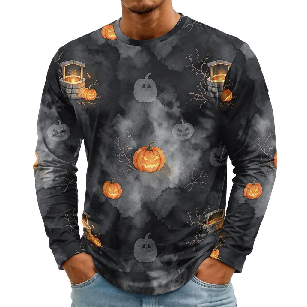 Men's Halloween Print Long Sleeve Neck T-Shirt for Party and Casual Wear
