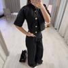 2026 Autumn New European and American Women's Clothing Cross-border Black Button Decorative Waist Suit Set Wide Leg Pants Two-piece Set