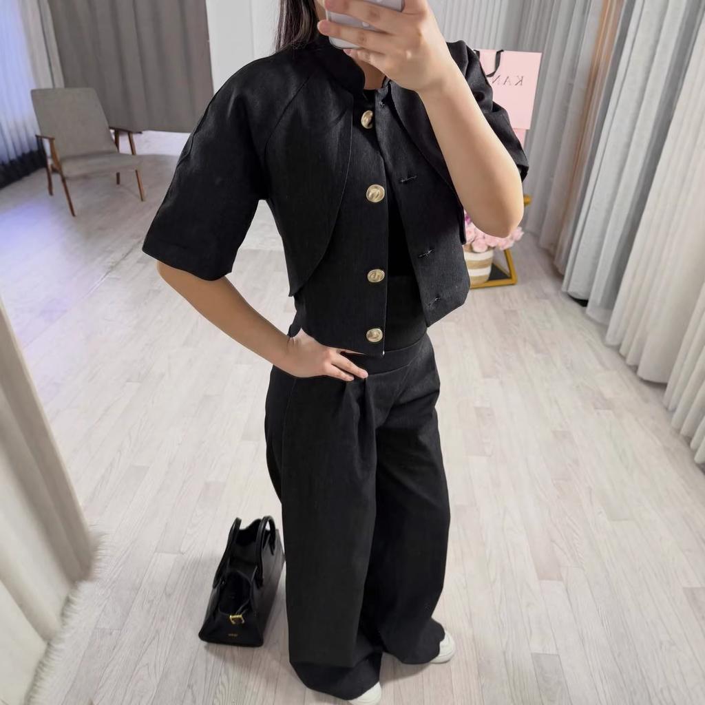 2026 Autumn New European and American Women's Clothing Cross-border Black Button Decorative Waist Suit Set Wide Leg Pants Two-piece Set