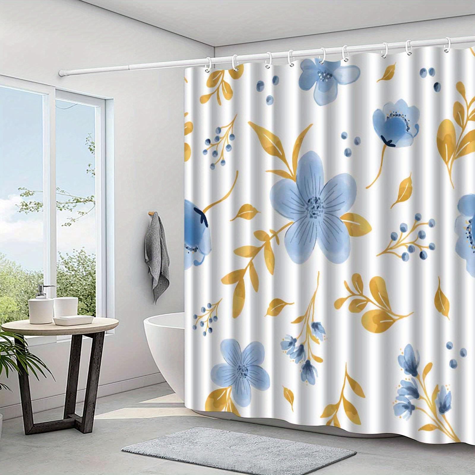 

Blue Floral & Golden Leaf Shower Curtain, Anti-Fog,Elegant Bath Dcor For Modern & Traditional Bathrooms W60H190(CM)-1 Pcs