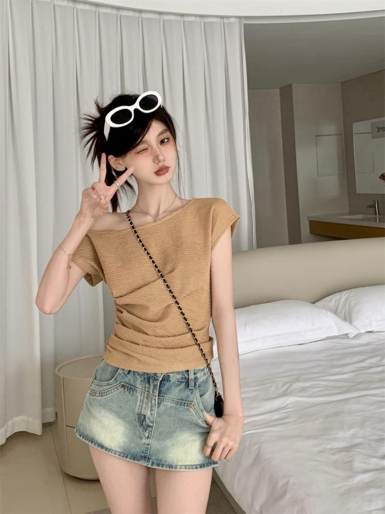 Women Summer Cropped T-Shirt Off Shoulder Sexy Slim Fit Short Sleeves Tops Fashion Sensibility Design Solid Elegant Clothing