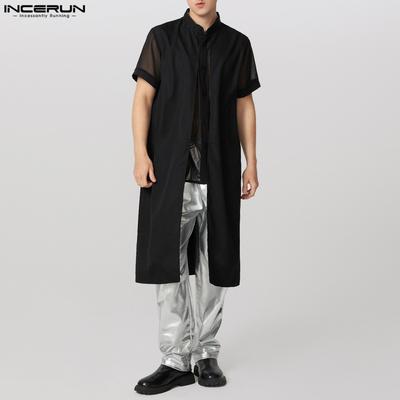 Herren Kurzarm Lagen Patchwork Mesh Transparent High Low Freizeithemden