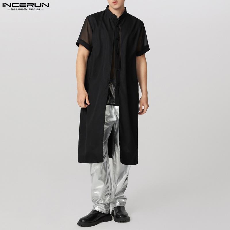 INCERUN Men Short Sleeve Layers Patchwork Mesh Sheer High Low Casual Shirts