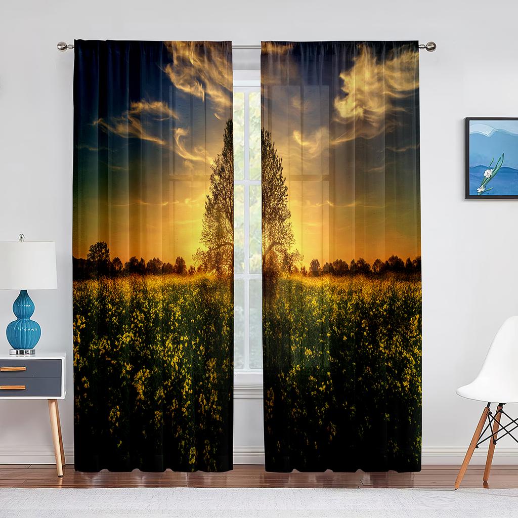 Bergsee Frühling Naturlandschaft Voile Vorhang für Schlafzimmer Wohnzimmer Küche Blumen Feld Fenster Vorhänge 2 Paneele Drapierung