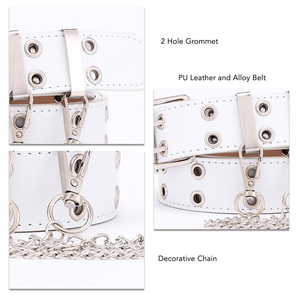 Double Grommet Belt with Chain PU Leather 2 Hole Grommet Fadeproof Stylish Chain Decoration Waist Belt White Free Size