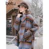 Betu Women's Plaid Wool Blend Scarf Mid-Length Coat