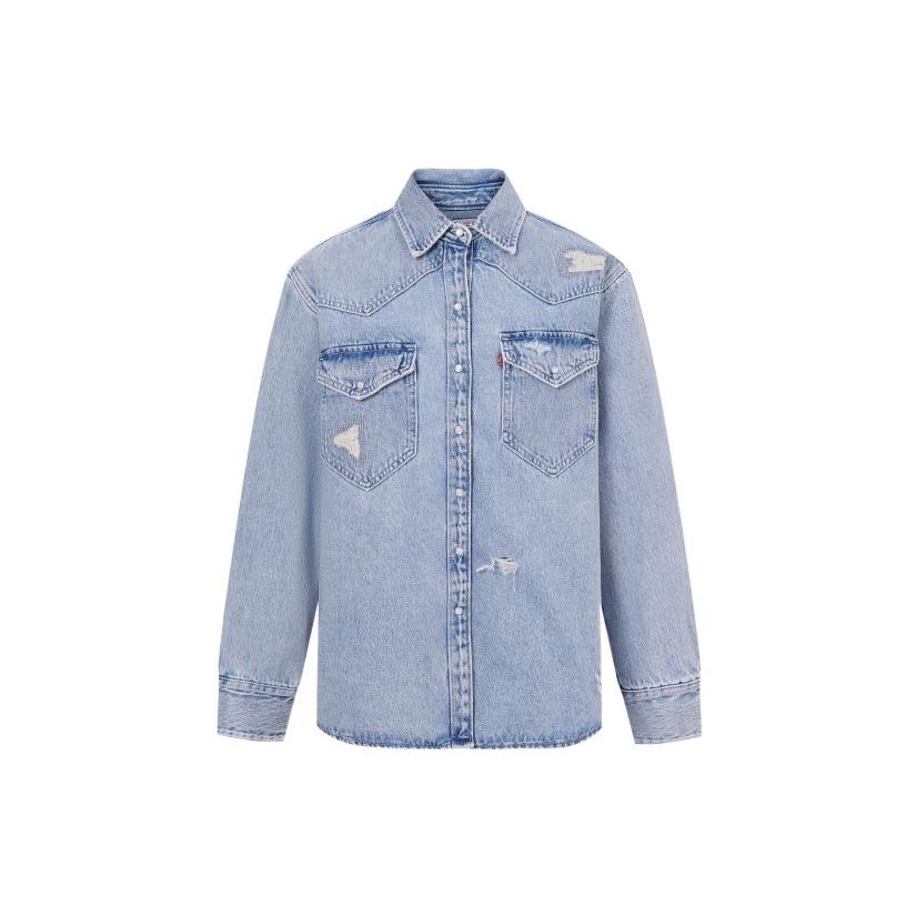 Levis Solid Color Distressed Straight Leg Long Sleeve Shirt Women shirts Blue A3373-0013