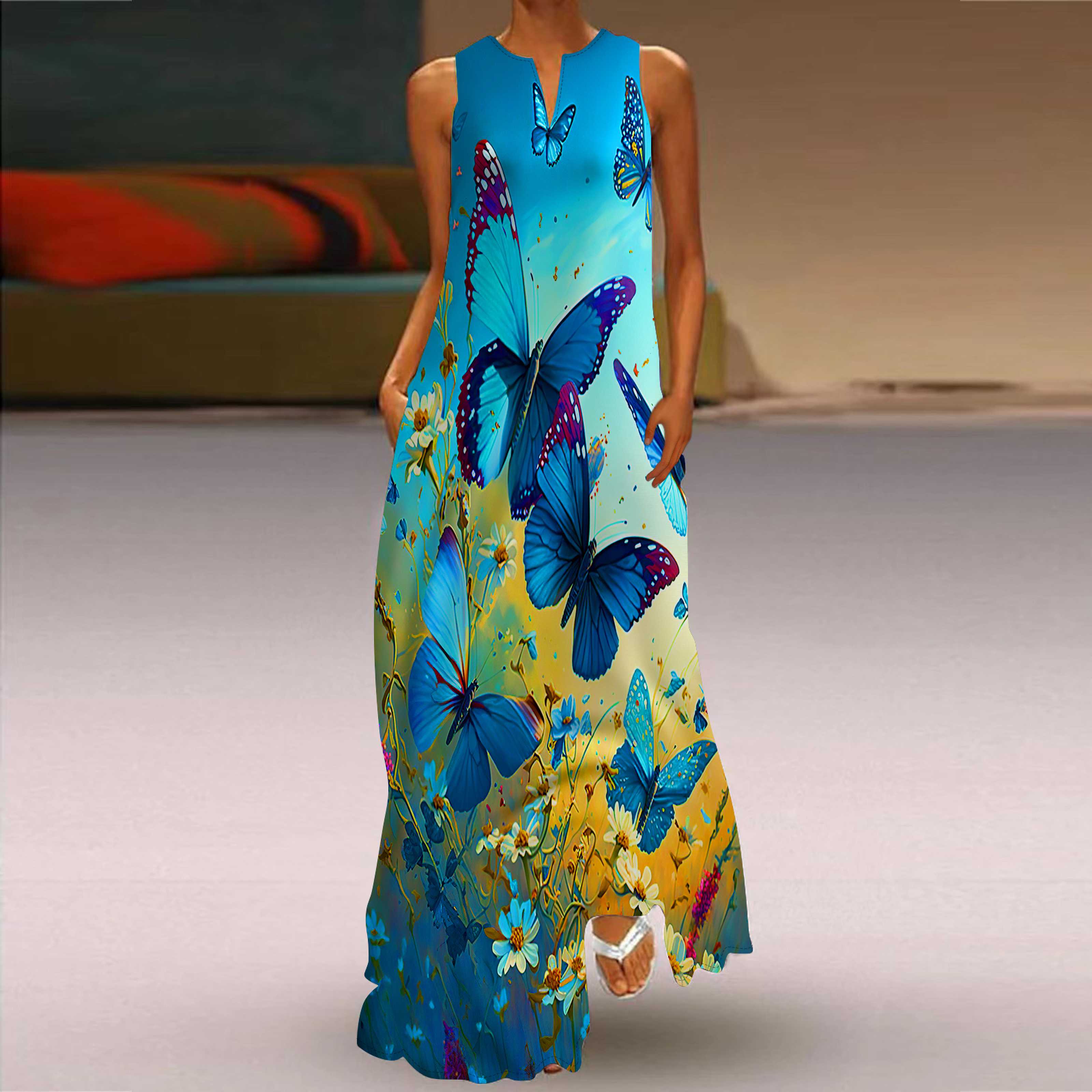 

Жен. Платье А-силуэта Макси Длинные без рукавов Цветочный принт Бабочка Осень/зима V-образный вырез Ретро Стиль Элегантный