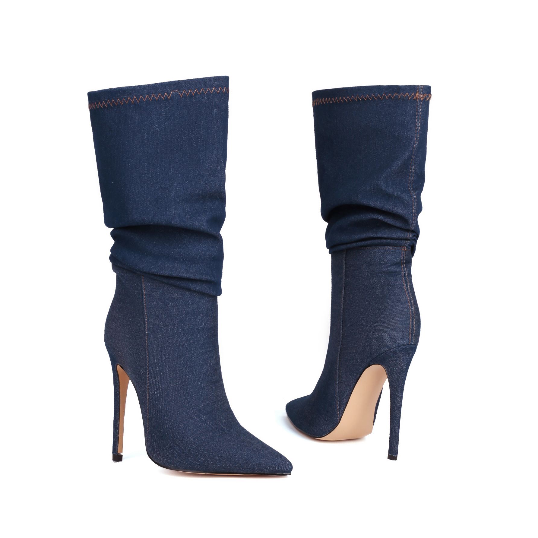 

lenkisen Джинсовые осенне-зимние туфли с острым носком и шпильками на высоком каблуке, сохраняющие тепло, модные плиссированные сапоги до середины голени 37 синий