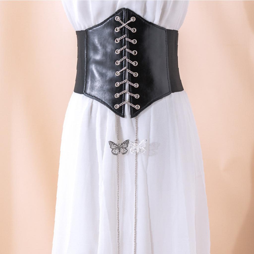 Slim Elastic Pu High Waist Belt Women Women's Girdle Style Chain Elastic Bow Knot Straps Black Punk Gothic Wide Belt Corsets