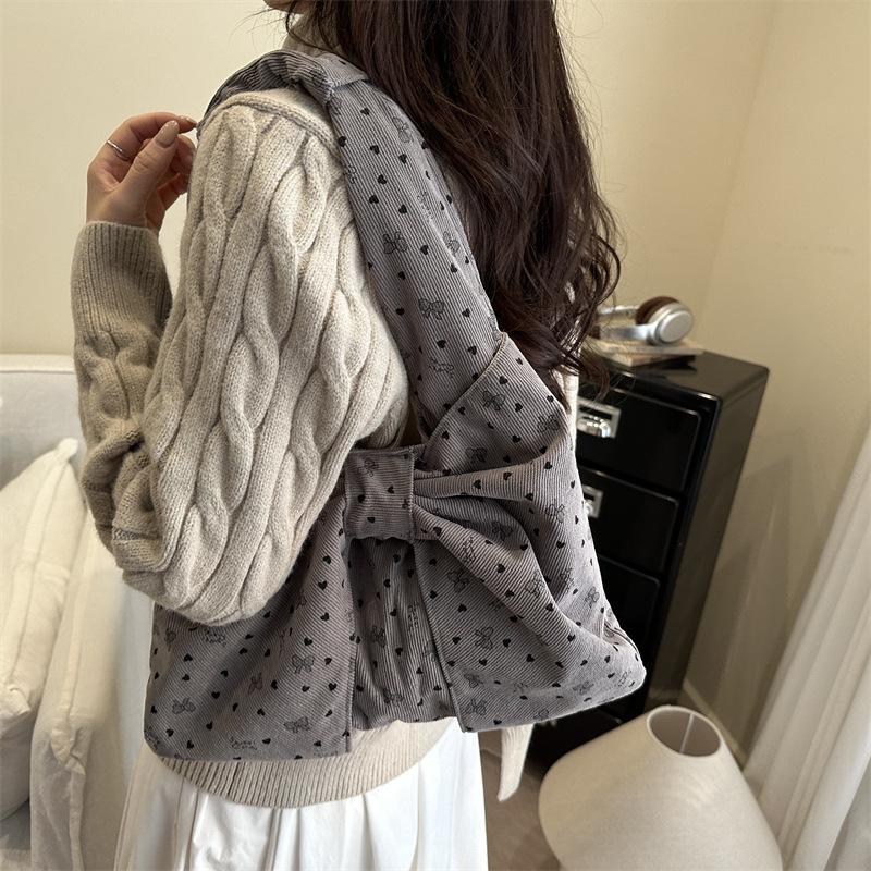 Bow Heart Polka Dot Corduroy Shoulder Bags for Women Large Capacity Ladies Casual Tote Lightweight Female Underarm Bag Handbags