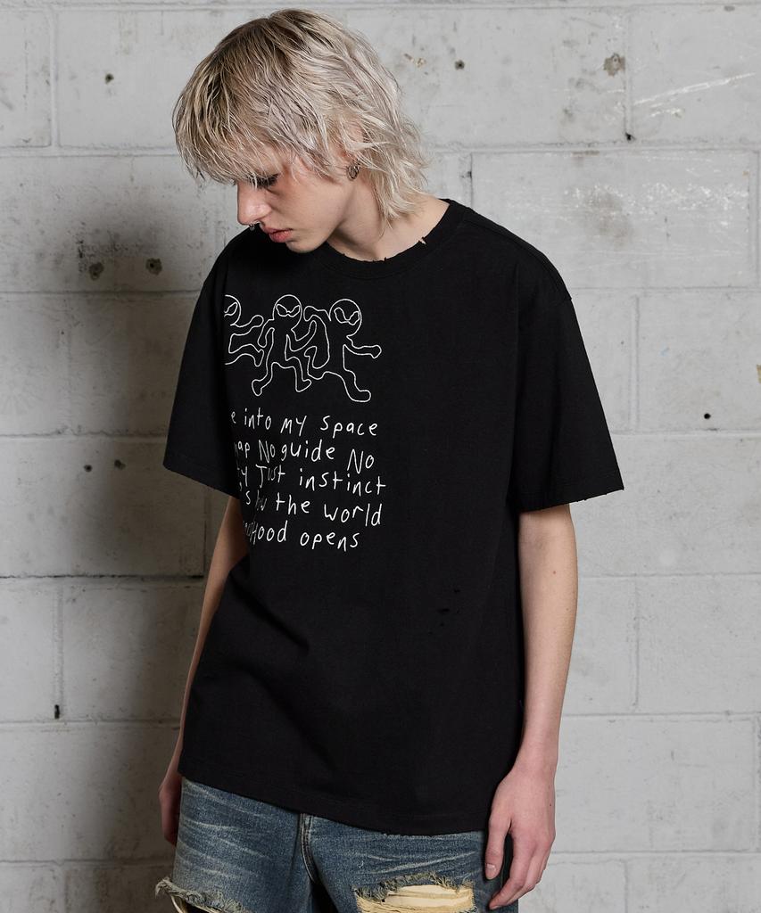 HOODHOOD Three Alien Damaged Short Sleeve T-Shirt Black
