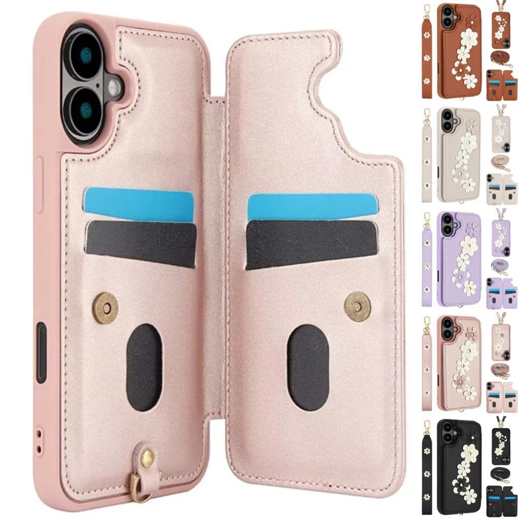 Crossbody Flip Leder Handyhülle Für iPhone Air 17 16E 15 16 14 13 12 11 Pro Max XR XS Max 7 8 Plus SE Geldbörse Handgelenkband Abdeckung