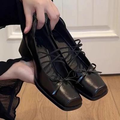 French Retro Square Head Bow Light Mouth Mary Jane Shoes Single Shoes Thick Heel Beautiful Not Tired Feet High Heel Ballet Shoes