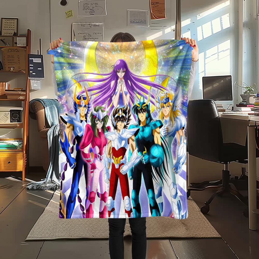 1Pc Saint Seiya Print Flannel Blanket, High quality Comfortable for All Seasons, Home Decor, Warmth and Comfort, Perfect for Christmas Gifts