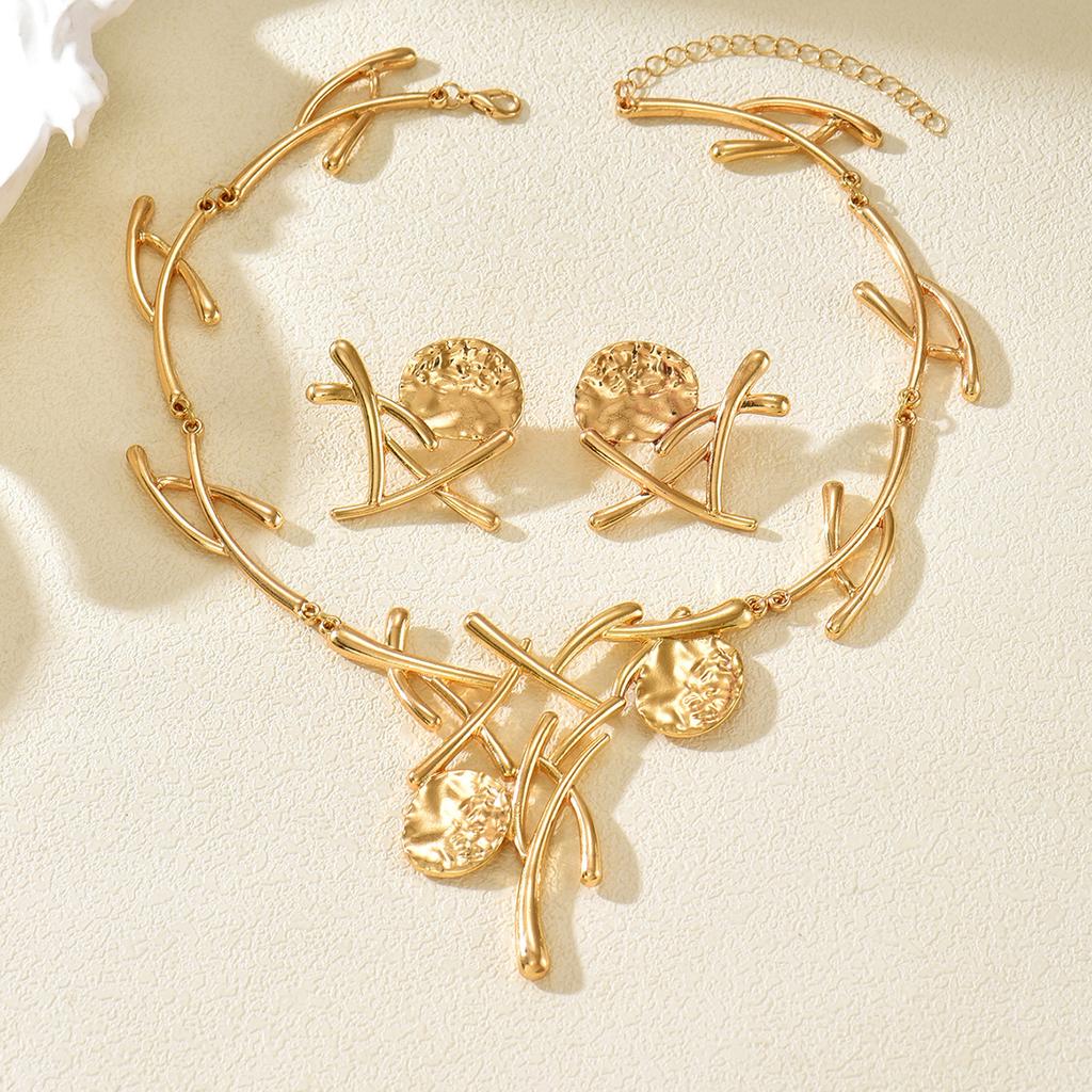 Trendy Gold Color Abstract Branch Necklace Earrings Set Women Chunky Hammered Statement Jewelry