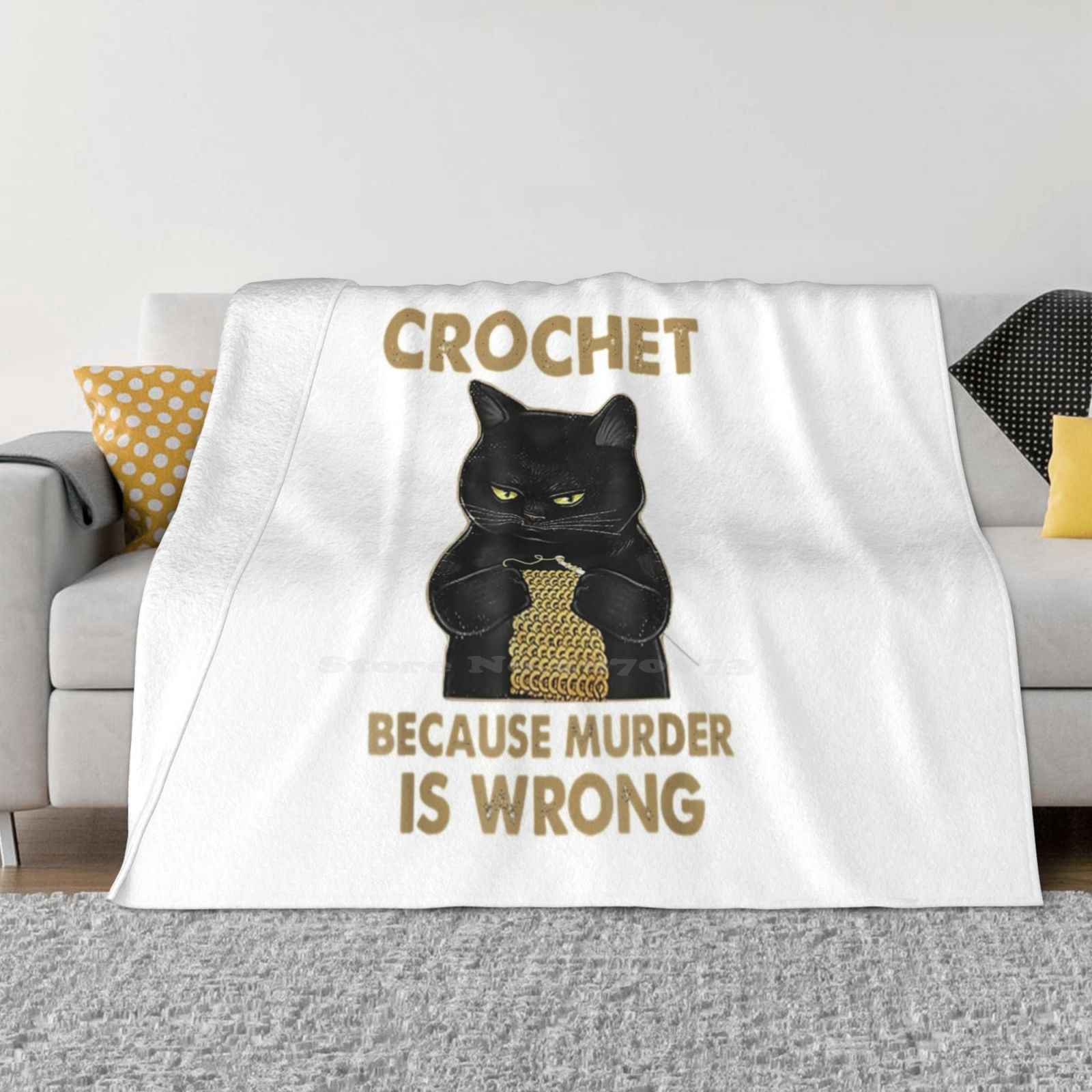 Black Cat Funny Crochet Because Murder Is Wrong Creative Design Light Thin Soft Flannel Blanket Black Cat Funny Crochet Murder 30x40in