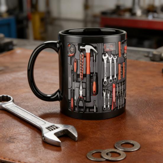 Toolbox Coffee Mug Mechanical Tool Box Mug Ceramic Double-sided Print Ergonomic Handle Cup Microwave Dishwasher Safe Gift for Mechanics Car