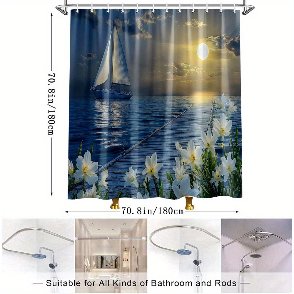 1pc Sailing Boat Bathroom Shower Curtain Scenery with Ocean, Moonlight and Flowers Polyester Fabric Bathroom Decor