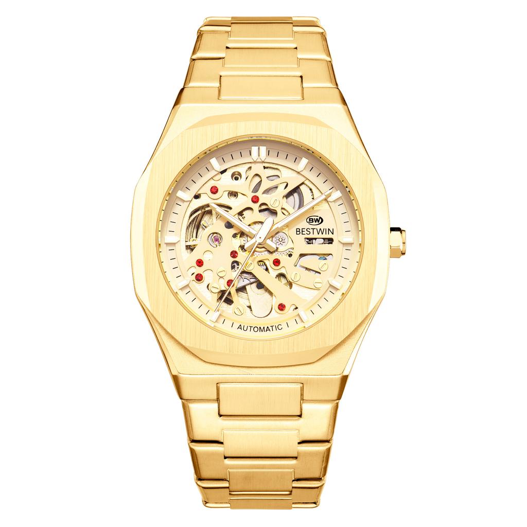 Automatic Mechanical Watches for Men Skeleton Hollow Dial Luminous Wrist Watch Steel Strap Square Case Watch Waterproof