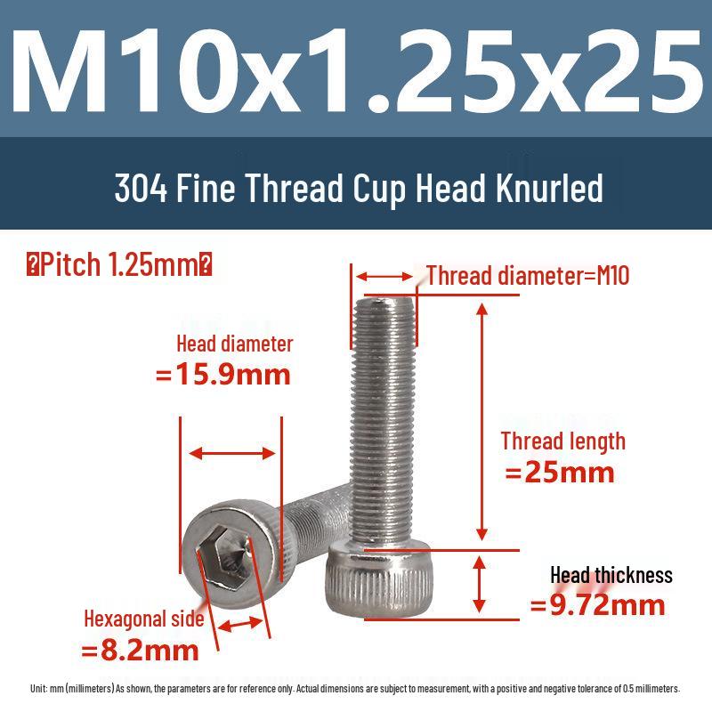 Yigu Fine Thread Knurled Socket Head Screws, 304 Stainless Steel, M3-M12