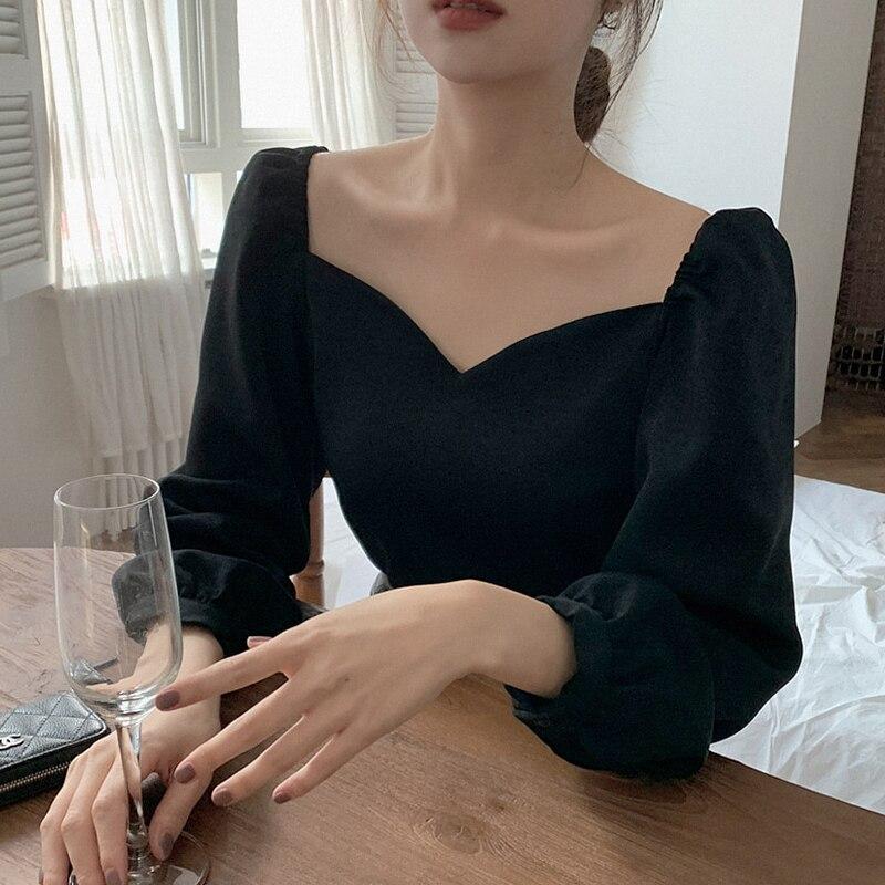 Estilo coreano Vintage Sexy Blusa Mujeres Cuello de pétalos Manga Larga  Camisa Negra Moda Damas Elegantes Tops Blusas Mujer 13101 comprar a buen  precio — entrega gratuita, reseñas reales con fotos — Joom