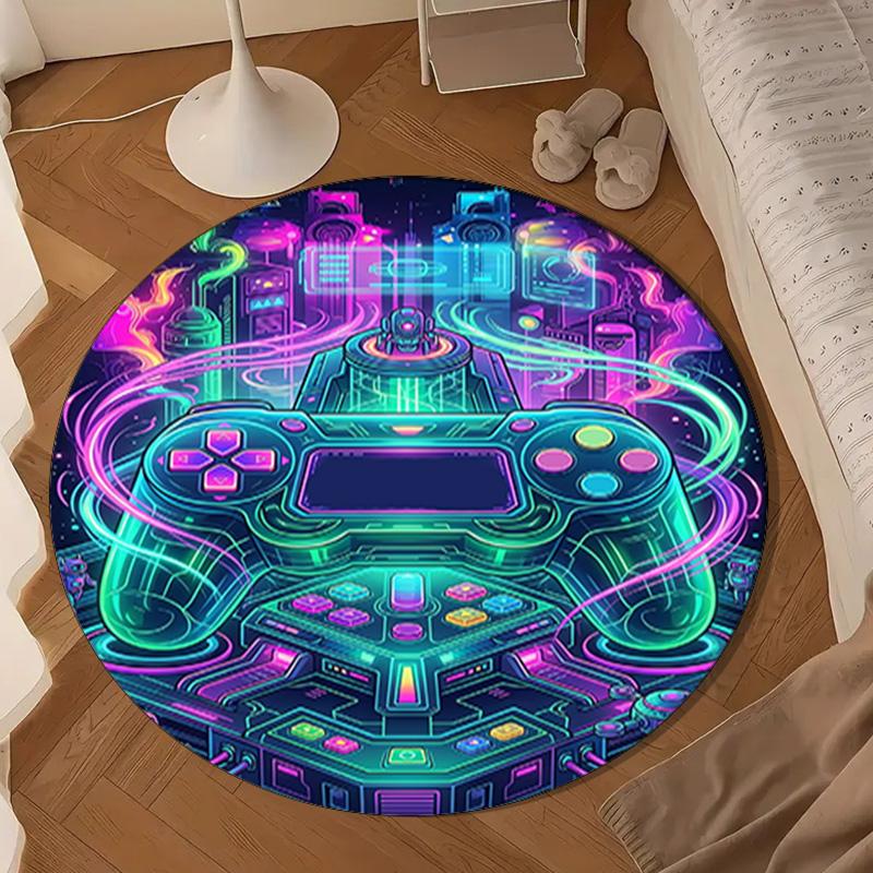 Neon Gaming Controller Round Rug for Livingroom,Bedroom, Palyroom, Chair Rug, Area Rug, Circle Carpet, Large Size Fan Christmas Gift