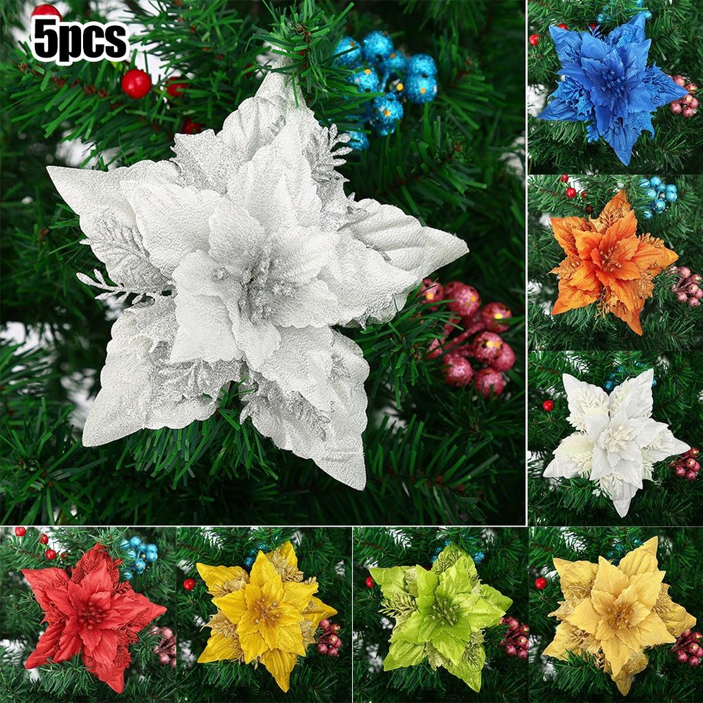 5 Pack Christmas Poinsettia Glitter Flower Ornaments in Colors