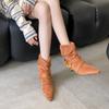2025 autumn and winter new square head thin heel high heel temperament French fashion women's short boots suede metal decorative medium boots