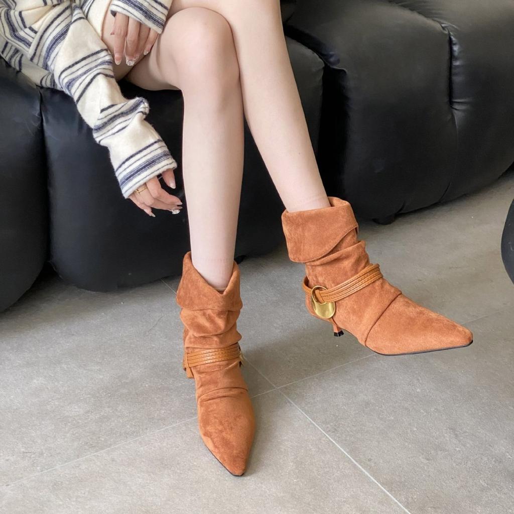 2025 autumn and winter new square head thin heel high heel temperament French fashion women's short boots suede metal decorative medium boots