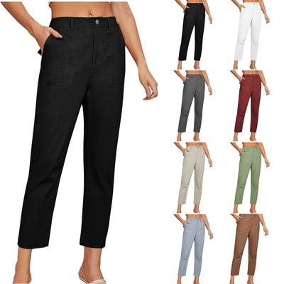 Women's Cropped Work Pants High Waisted Business Casual Tapered Leg Trousers With Pockets