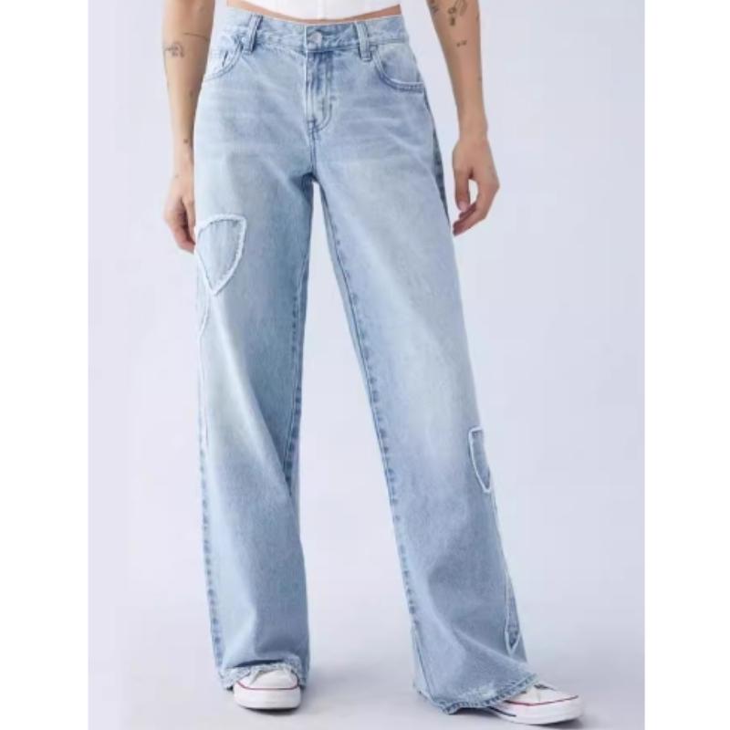 Americké vyšívané džíny s třásněmi na boku dámské high street design dívčí volné rovné kalhoty