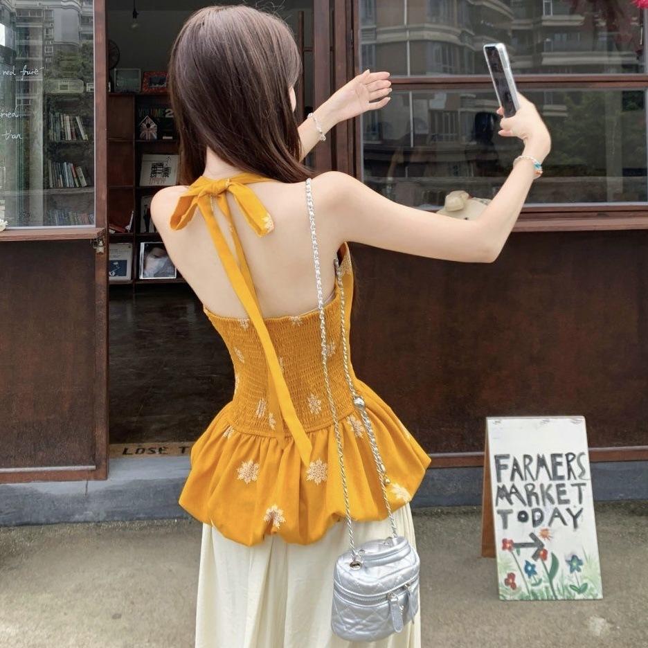 Design sense printed sling vest women's summer new waist sweet spice girl sleeveless thin bud neck top