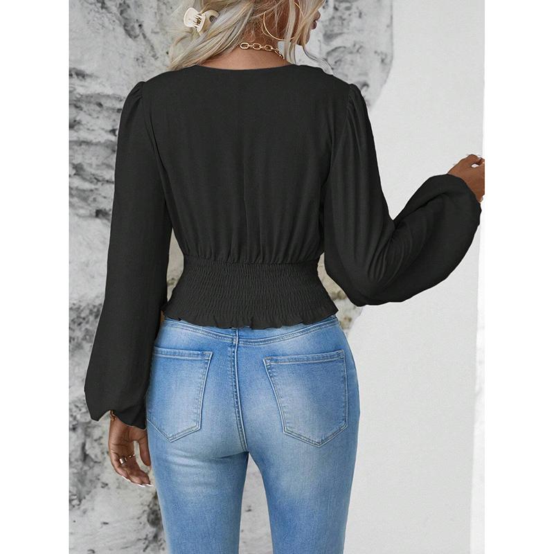 Wiosna Jesień Casualowy Damski Top Modny Kolekcja Talii Seksowny Dekolt V Rękaw Torba Jednolity Kolor Zmarszczony Top z Długim Rękawem