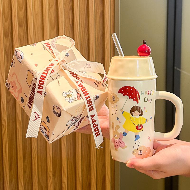 Roztomilý hrneček se slámkou Chlapci a dívky keramický hrnek vysoké hodnoty s víčkem dárek k narozeninám praktický suvenýr dárková krabička