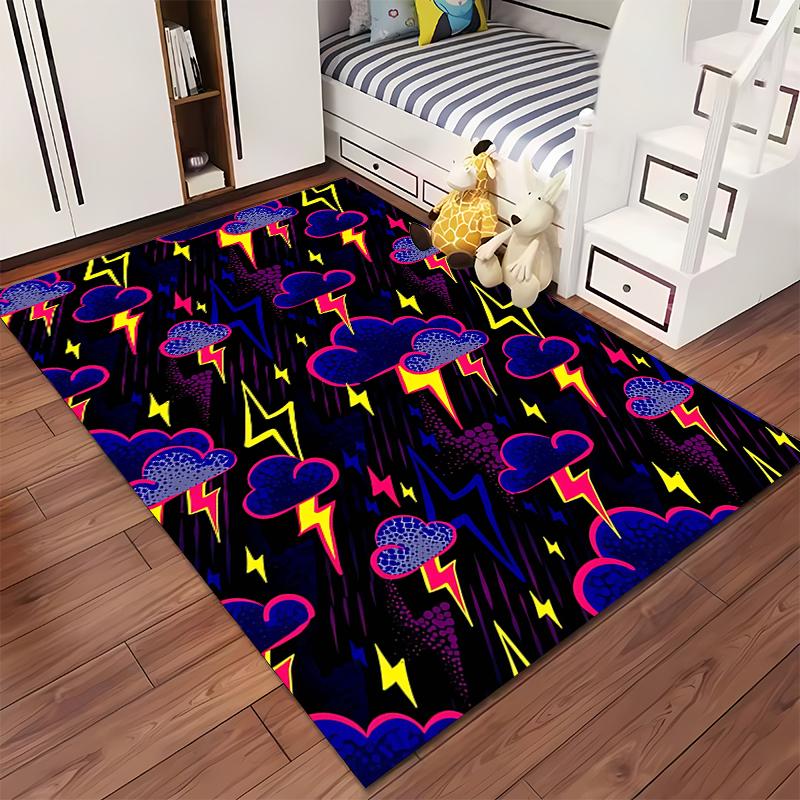 Colorful Lightning and Cloud Pattern Carpet, Dark Psychedelic Style Decor Suitable for use as an anti-slip for living room bedroom sofas