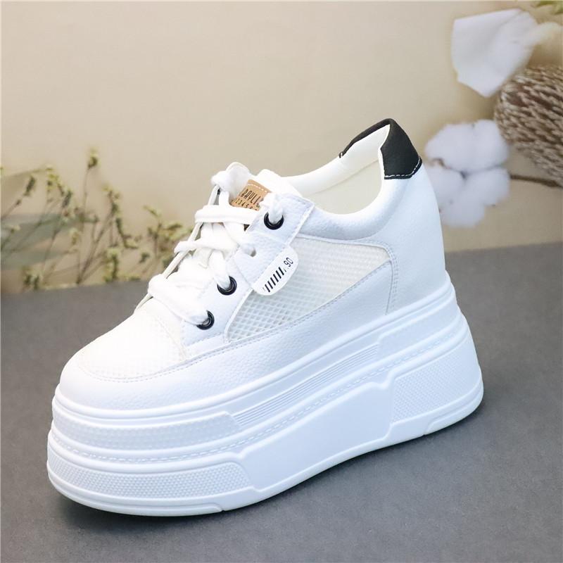 Fashion 12CM Women Summer Air Mesh Genuine Leather Shoes Vulcanize Platform Wedge Microfiber Platform Wedge Hollow Slides Sandals