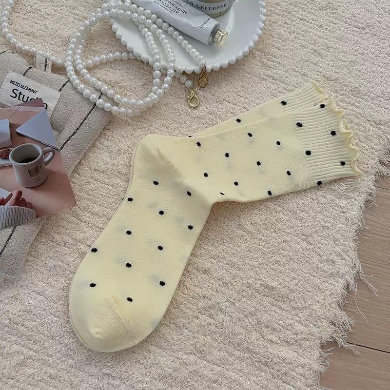 Women's Summer Thin Ballet-style Wooden Ear Side Polka Dot Long Tube Pile Socks