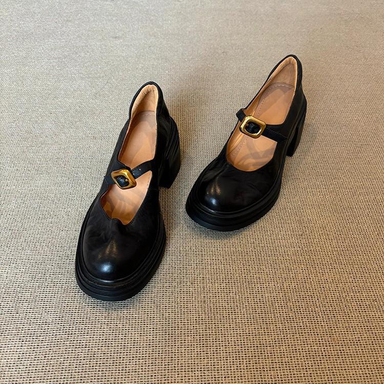 Sheepskin Version~ British Versatile Thick-soled Round-headed Small Leather Shoes for Women's Retro Shallow Mouth One-word Buckle Thick-heeled Mary